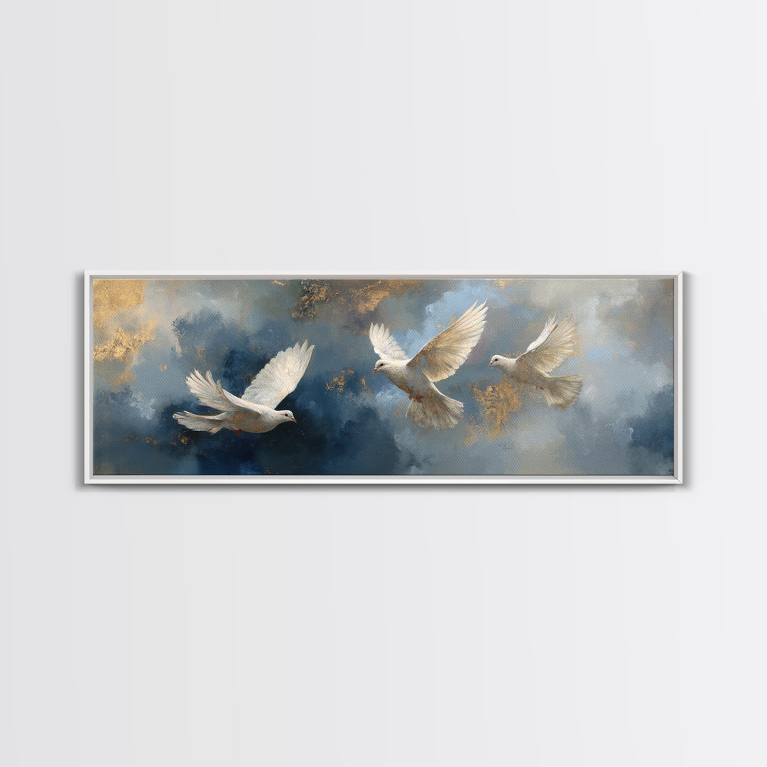 Doves Flying Through Soft Golden Light Framed Canvas Print, Wedding Art, Gallery Decor, Living Room Decor, Fine Art, Romance, WED-3x1-99