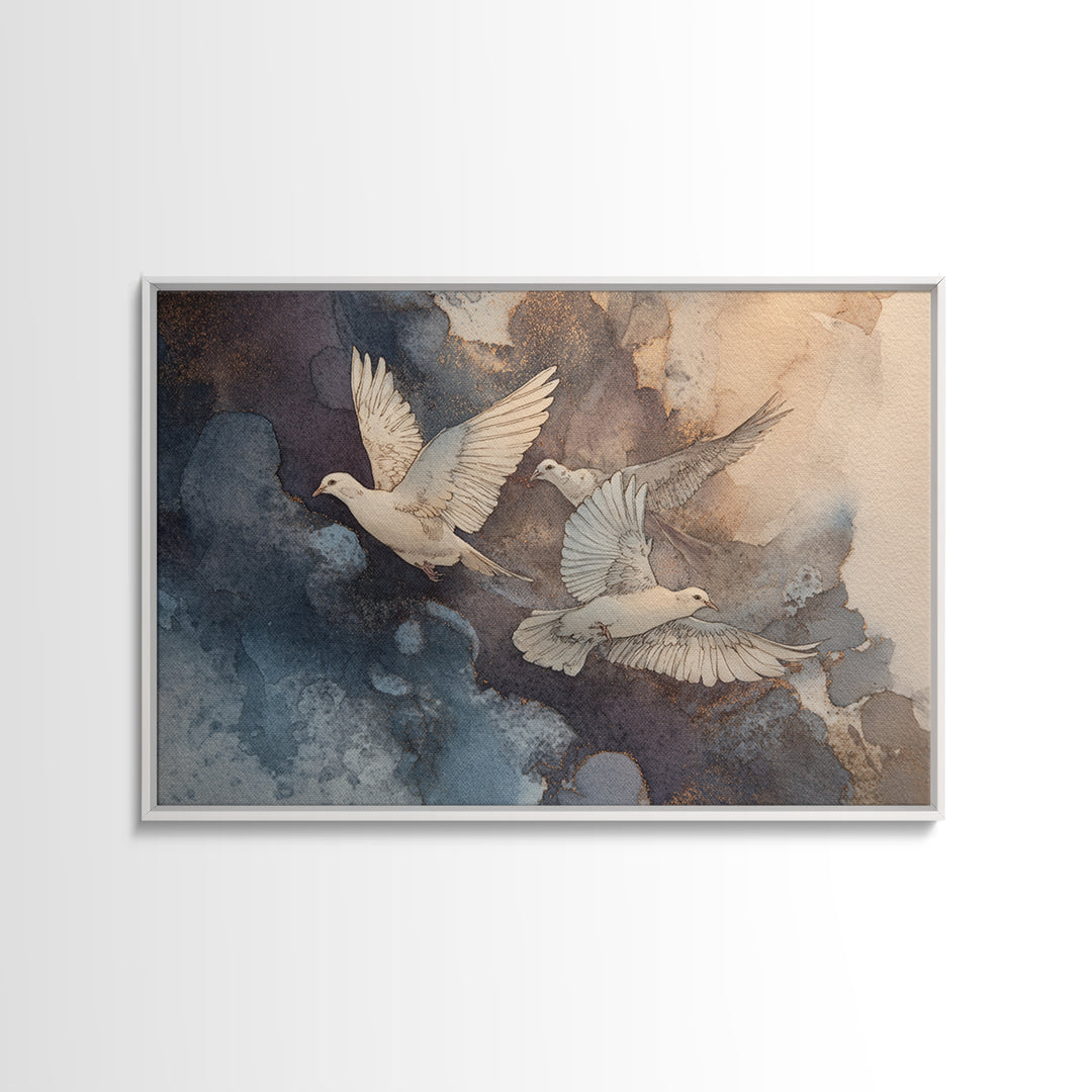 Doves Flying Through Soft Golden Light Framed Canvas Print, Wedding Art, Minimalist Decor, Living Room Decor, Fine Art, Romance, WED-3x2-15