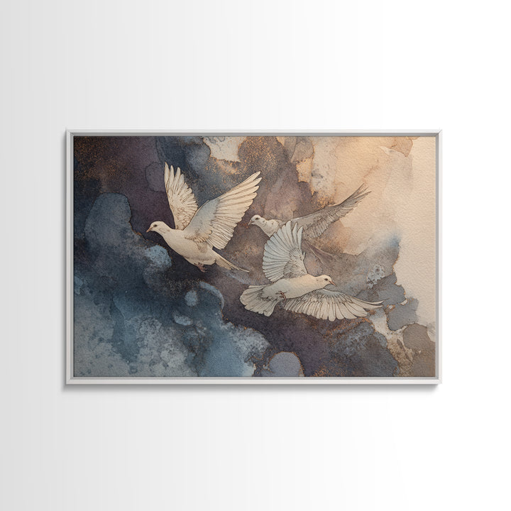 Doves Flying Through Soft Golden Light Framed Canvas Print, Wedding Art, Minimalist Decor, Living Room Decor, Fine Art, Romance, WED-3x2-15