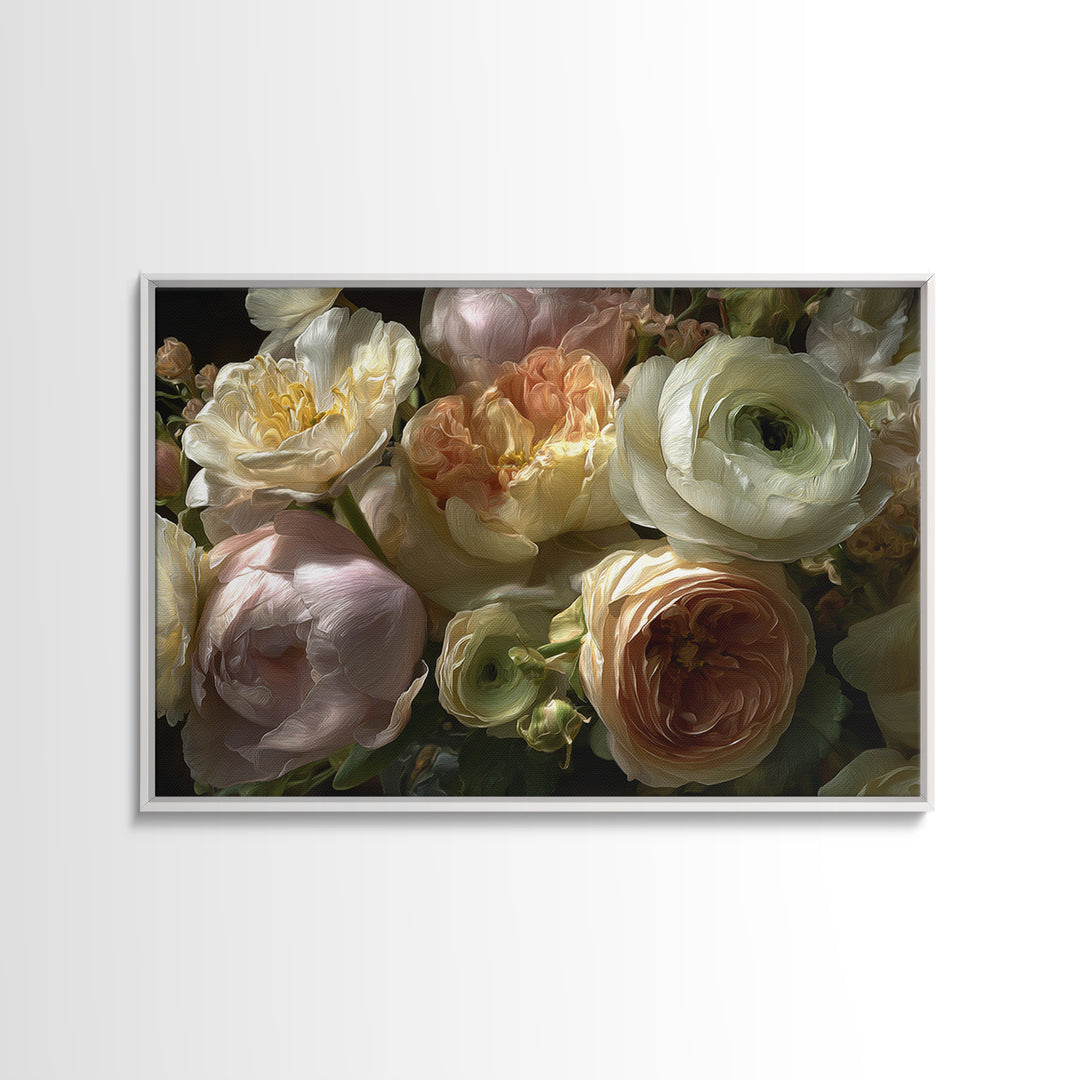 Peony and Ranunculus Bouquet Framed Canvas Print, Wedding Art, Wedding Guest Book, Living Room Decor, Fine Art, Romance, WED-3x2-24