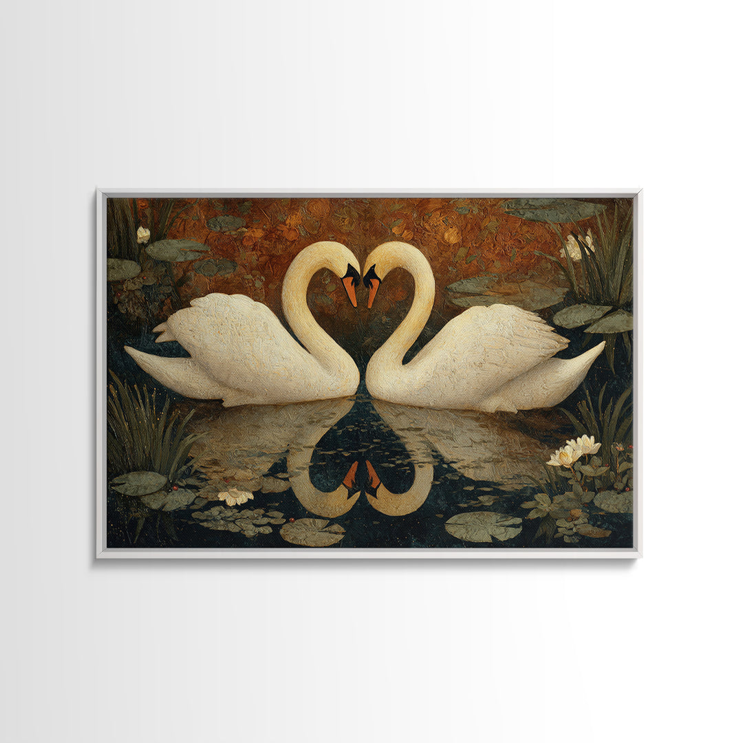 Two Swans Forming a Heart on Dark Canvas Print, Wedding Art, Custom Painting, Living Room Decor, Romance, Wedding Reception, WED-3x2-30