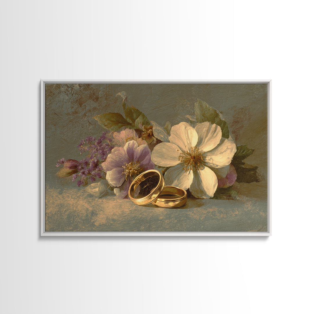 Gold Rings Resting on Velvet and Flowers Framed Canvas Print, Wedding Art, Wedding Guestbook, Living Room Decor, Romance, WED-3x2-31