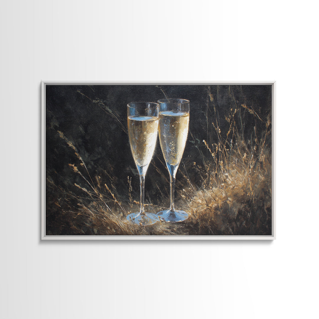 Champagne Glasses with Delicate Sparkle Canvas Print, Wedding Art, Custom Art, Living Room Decor, Watercolor Art, Romance, WED-3x2-34