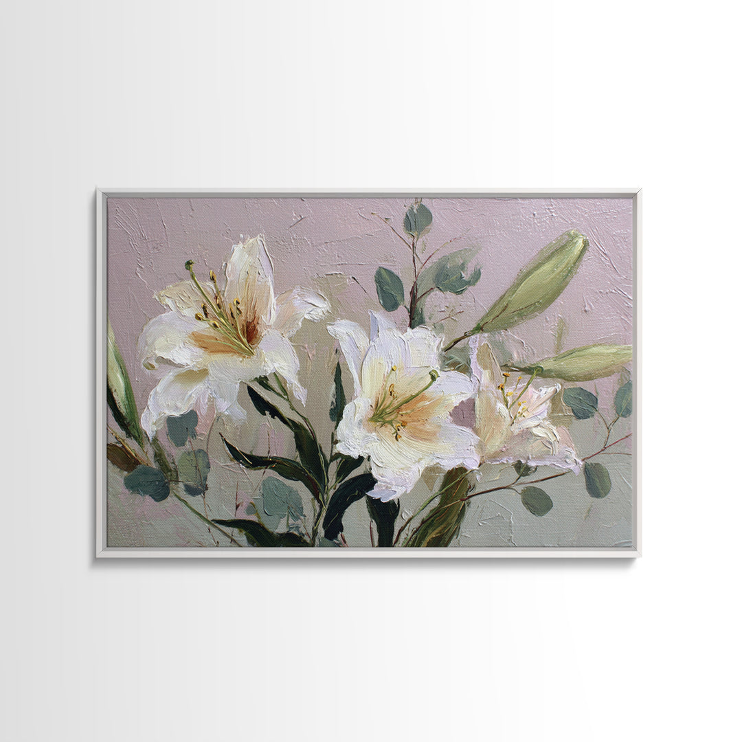 White Lilies and Eucalyptus Arrangement Canvas Print, Wedding Art, Wedding Guestbook, Living Room Decor, Oil Painting, Romance, WED-3x2-37