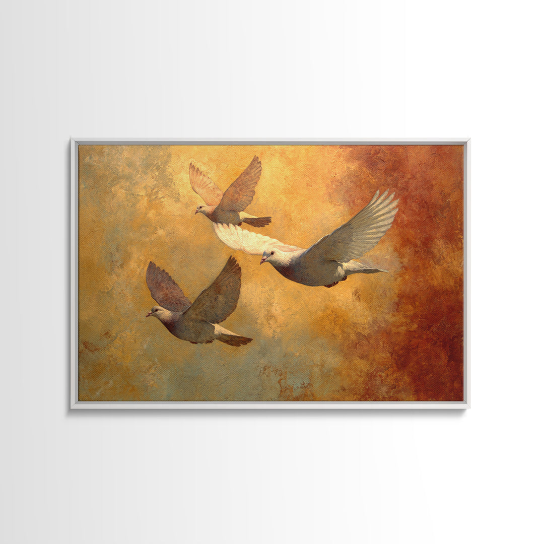 Doves Flying Through Soft Golden Light Framed Canvas Print, Wedding Art, Bride and Groom, Living Room Decor, Fine Art, Romance, WED-3x2-39