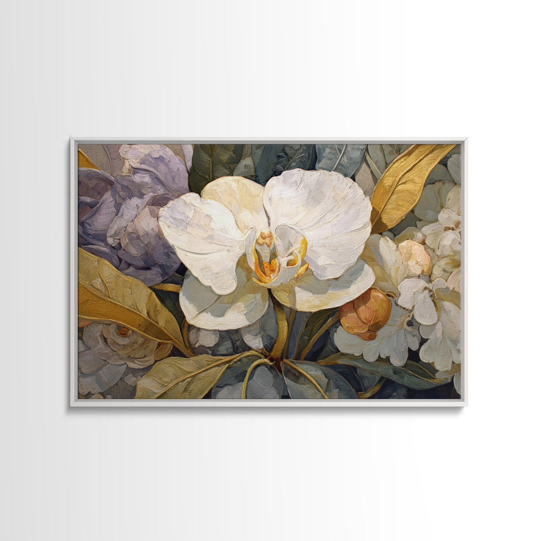White Orchid and Gold Ribbon Composition Canvas Print, Wedding Art, Wedding Sign, Living Room Decor, Abstract Art, Romance, WED-3x2-52