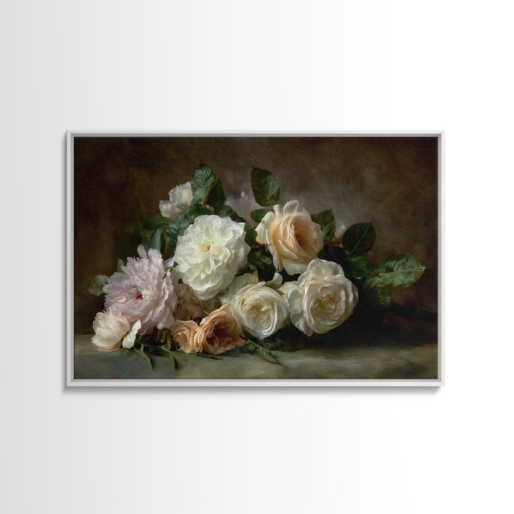 Romantic Bouquet of White Roses and Peonies Canvas Print, Wedding Art, Downloadable Art, Living Room Decor, Fine Art, Romance, WED-3x2-53