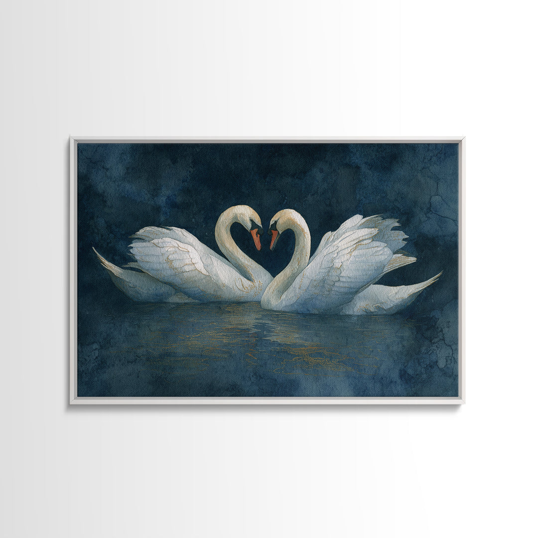 Two Swans Forming a Heart on Dark Framed Canvas Print, Wedding Art, Art Print, Living Room Decor, Romance, Downloadable Art, WED-3x2-6