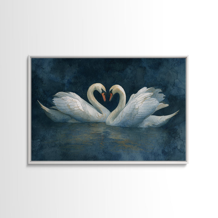 Two Swans Forming a Heart on Dark Framed Canvas Print, Wedding Art, Art Print, Living Room Decor, Romance, Downloadable Art, WED-3x2-6