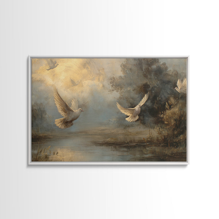 Doves Flying Through Soft Golden Light Framed Canvas Print, Wedding Art, Contemporary Art, Living Room Decor, Fine Art, Romance, WED-3x2-63