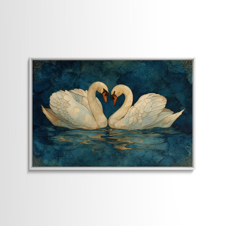 Two Swans Forming a Heart on Dark Framed Canvas Print, Wedding Art, Wedding Decoration, Living Room Decor, Fine Art, Romance, WED-3x2-78