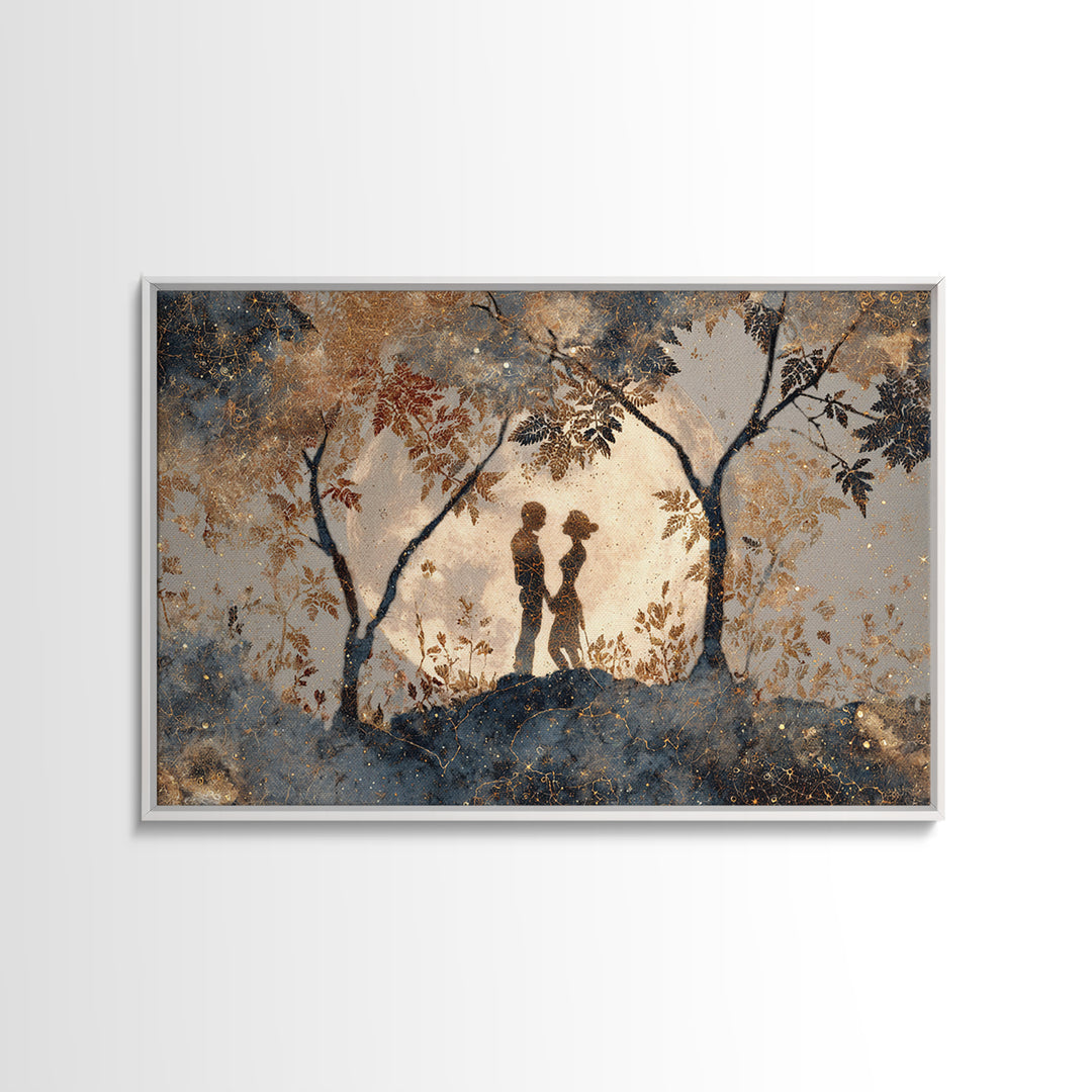Couple Silhouette Beneath Moonlit Trees Framed Canvas Print, Wedding Art, Rustic Wedding, Living Room Decor, Fine Art, Romance, WED-3x2-81
