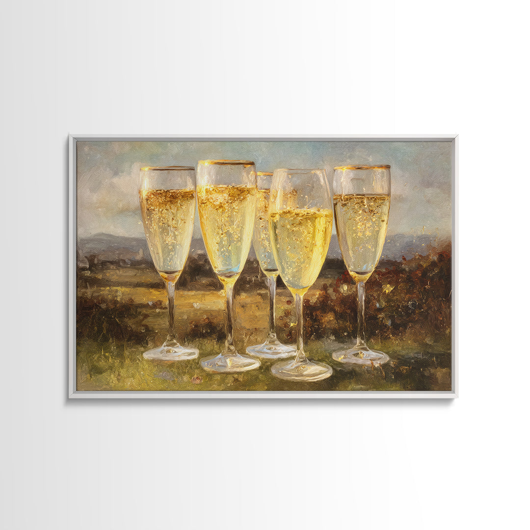 Champagne Glasses with Delicate Sparkle Framed Canvas Print, Wedding Art, Downloadable Art, Living Room Decor, Oil Painting, WED-3x2-82