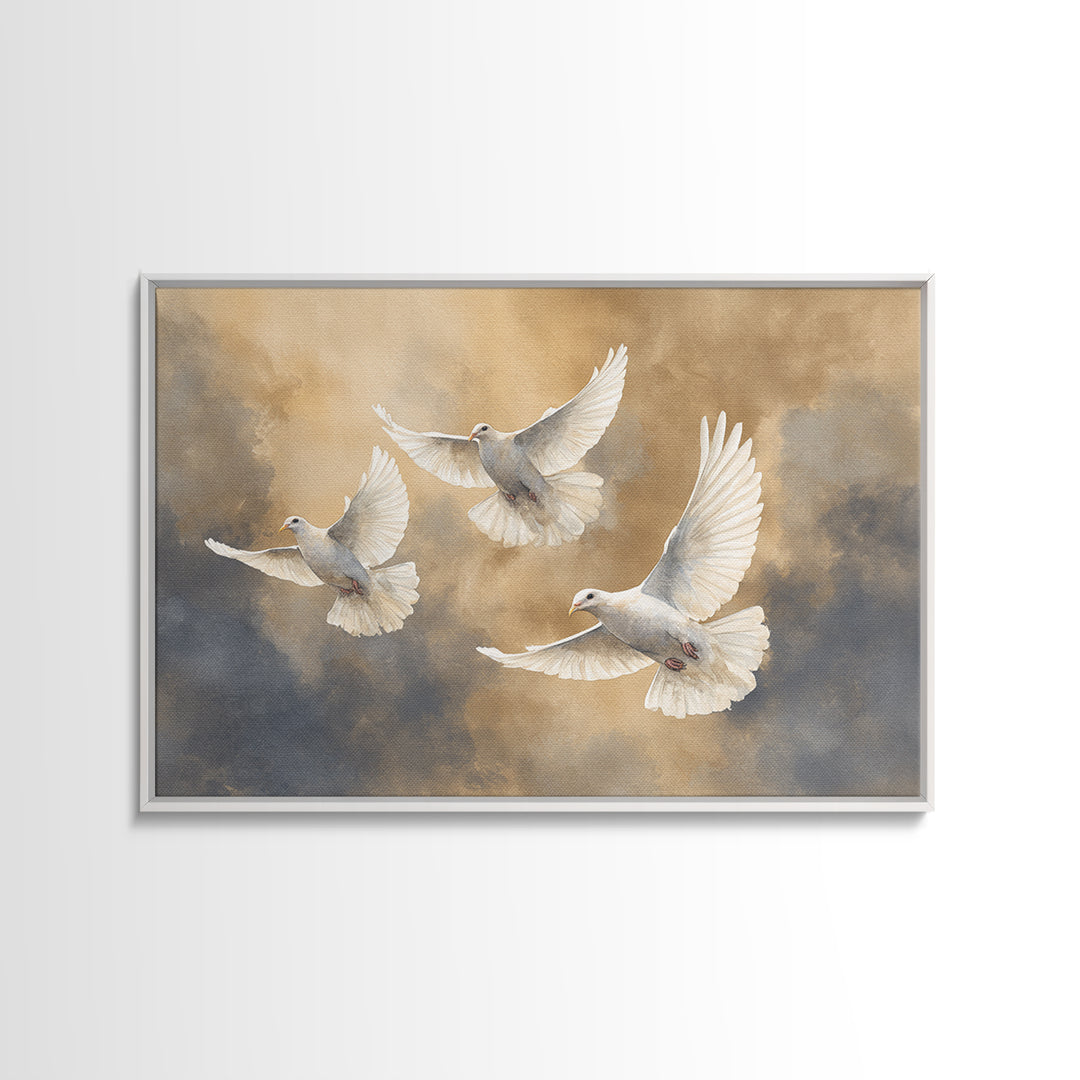 Doves Flying Through Soft Golden Light Framed Canvas Print, Wedding Art, Beach Wedding, Living Room Decor, Fine Art, Romance, WED-3x2-87