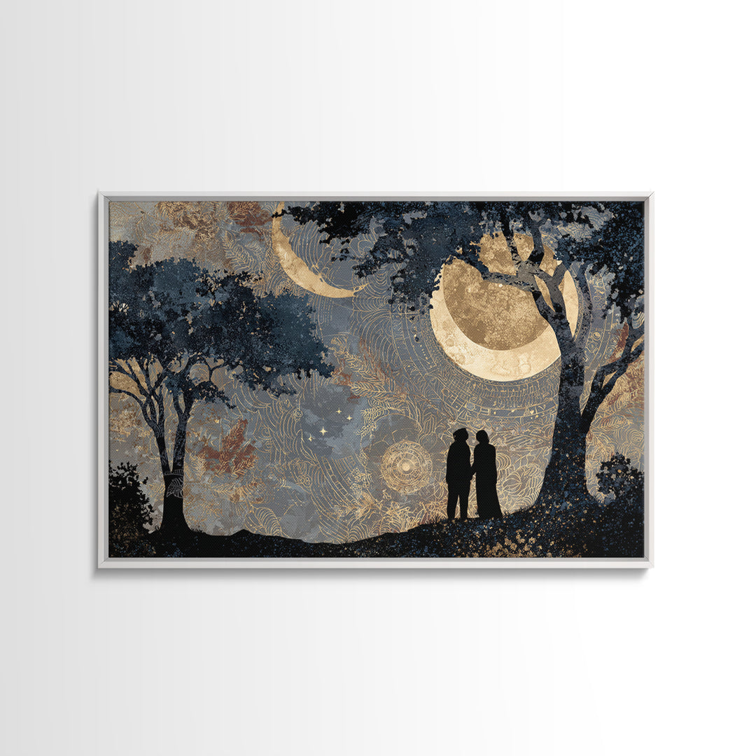 Couple Silhouette Beneath Moonlit Trees Framed Canvas Print, Wedding Art, Wedding Sign, Living Room Decor, Fine Art, Romance, WED-3x2-9