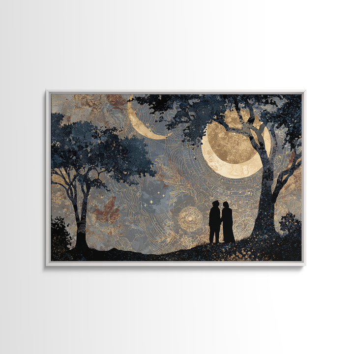 Couple Silhouette Beneath Moonlit Trees Framed Canvas Print, Wedding Art, Wedding Sign, Living Room Decor, Fine Art, Romance, WED-3x2-9