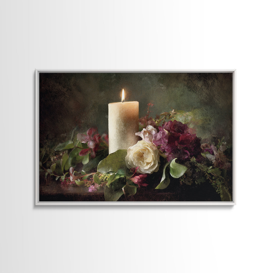 Romantic Candle and Floral Still Life Canvas Print, Wedding Art, Jewish Art, Living Room Decor, Oil Painting, Romance, WED-3x2-98