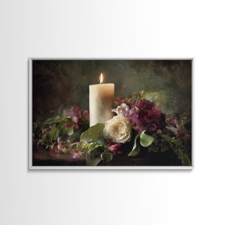 Romantic Candle and Floral Still Life Canvas Print, Wedding Art, Jewish Art, Living Room Decor, Oil Painting, Romance, WED-3x2-98