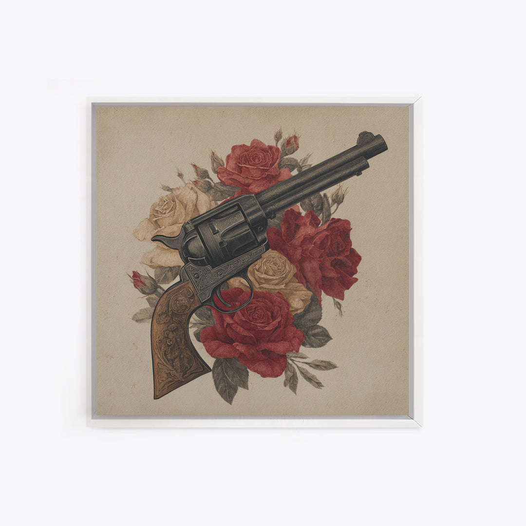 Old Revolver and Roses Canvas Print, Western Art, Landscape Painting, Southwestern Decor, Watercolor Art, Frontier, WES-1x1-19