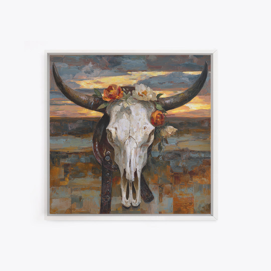 Longhorn Skull with Desert Flowers Framed Canvas Print, Western Art, Cowboy Art, Southwestern Decor, Oil Painting, Frontier, WES-1x1-27