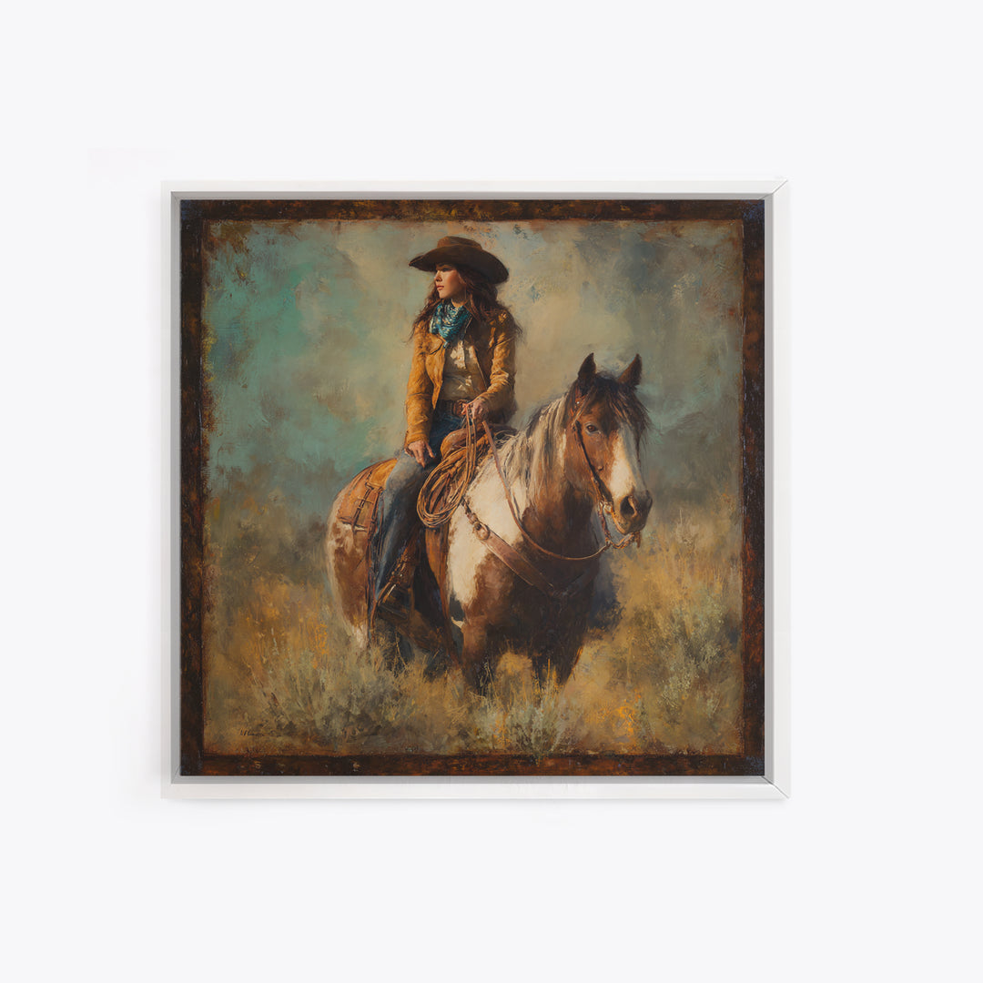 Cowgirl Portrait with Turquoise Jewelry Canvas Print, Western Art, Desert Art, Southwestern Decor, Oil Painting, Frontier, WES-1x1-30