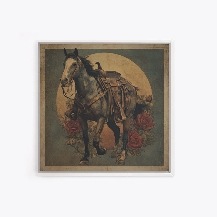 Old Revolver and Roses Framed Canvas Print, Western Art, Native American Art, Southwestern Decor, Oil Painting, Frontier, WES-1x1-43