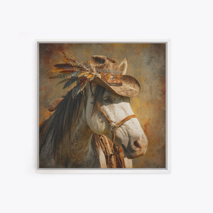Cowboy Hat with Feathers and Beads Framed Canvas Print, Western Art, Western Print, Southwestern Decor, Fine Art, Frontier, WES-1x1-46