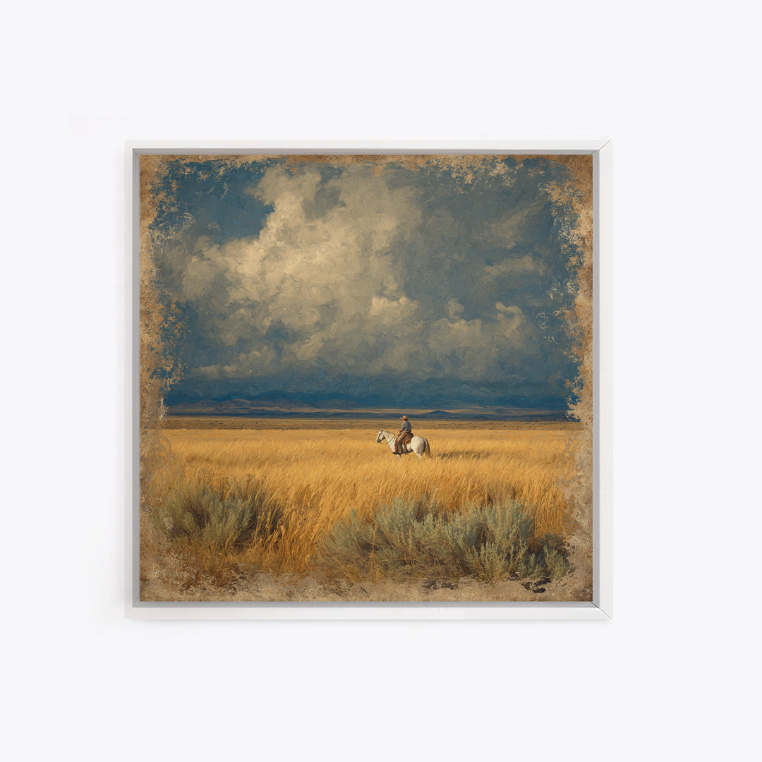 Golden Wheat Field Framed Canvas Print, Western Art, Wall Decor, Southwestern Decor, Fine Art, Frontier, Landscape Painting, WES-1x1-48