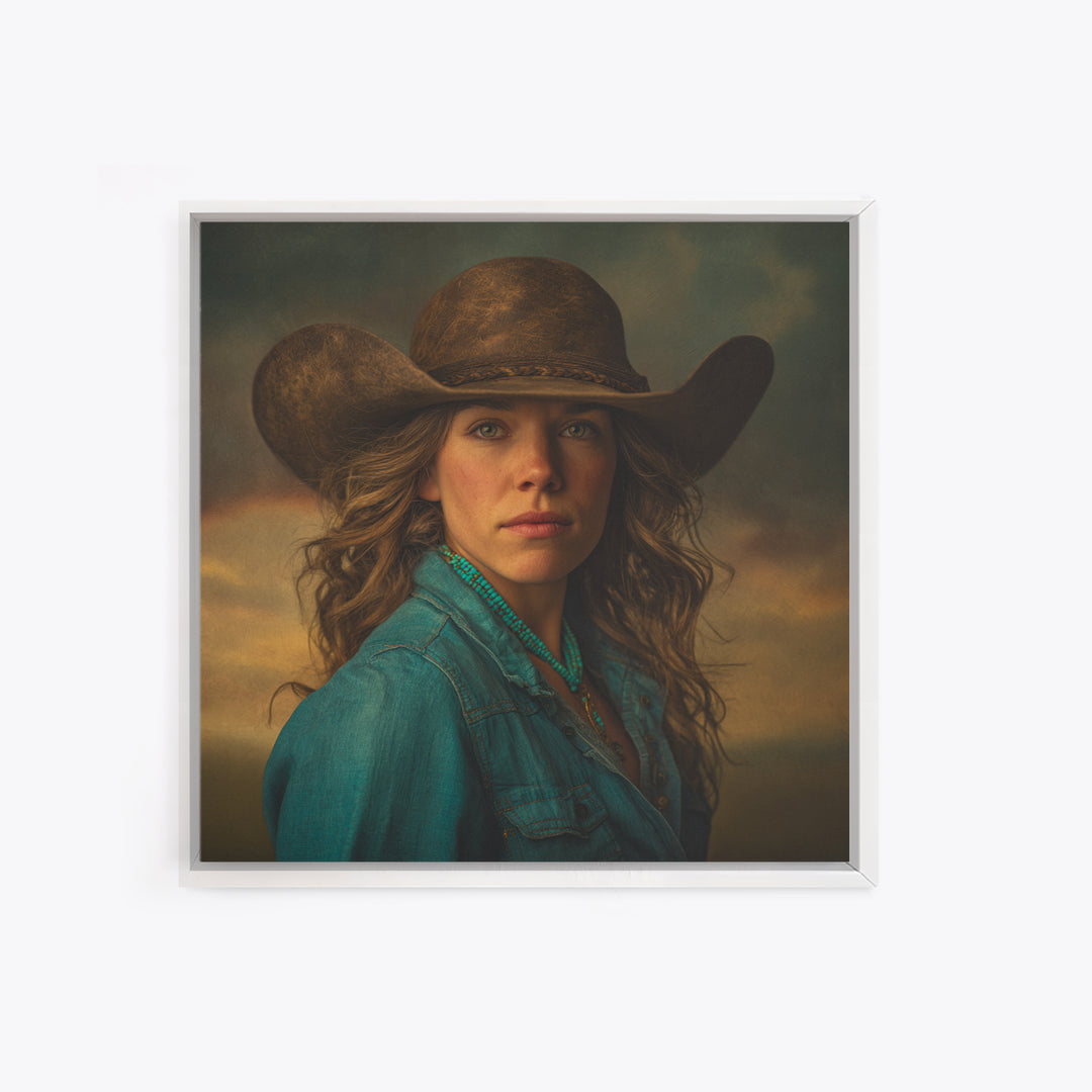 Cowgirl Portrait with Turquoise Jewelry Framed Canvas Print, Western Art, Southwestern Decor, Fine Art, Frontier, Boho Decor, WES-1x1-6