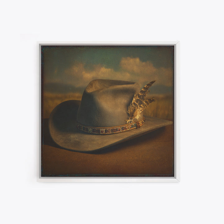 Cowboy Hat with Feathers and Beads Framed Canvas Print, Western Art, Western Print, Southwestern Decor, Fine Art, Frontier, WES-1x1-70
