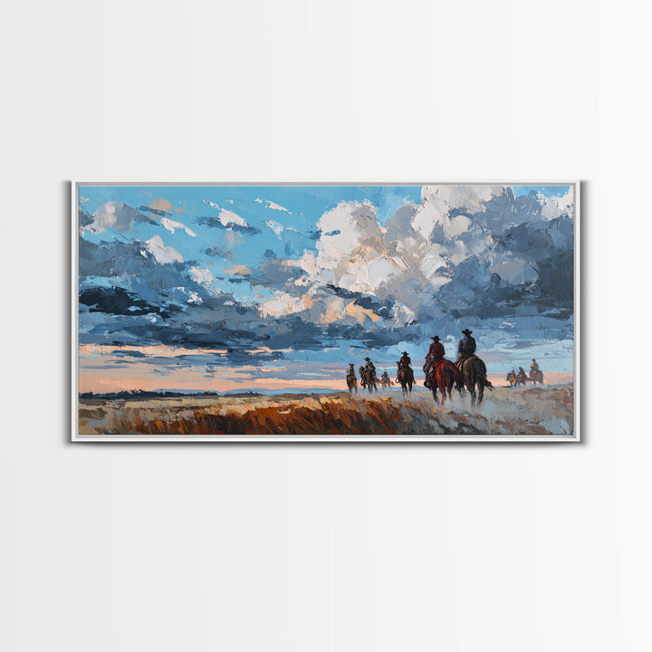 Cowboy Campfire under Starry Sky Framed Canvas Print, Western Art, Contemporary Art, Southwestern Decor, Fine Art, Frontier, WES-2x1-10