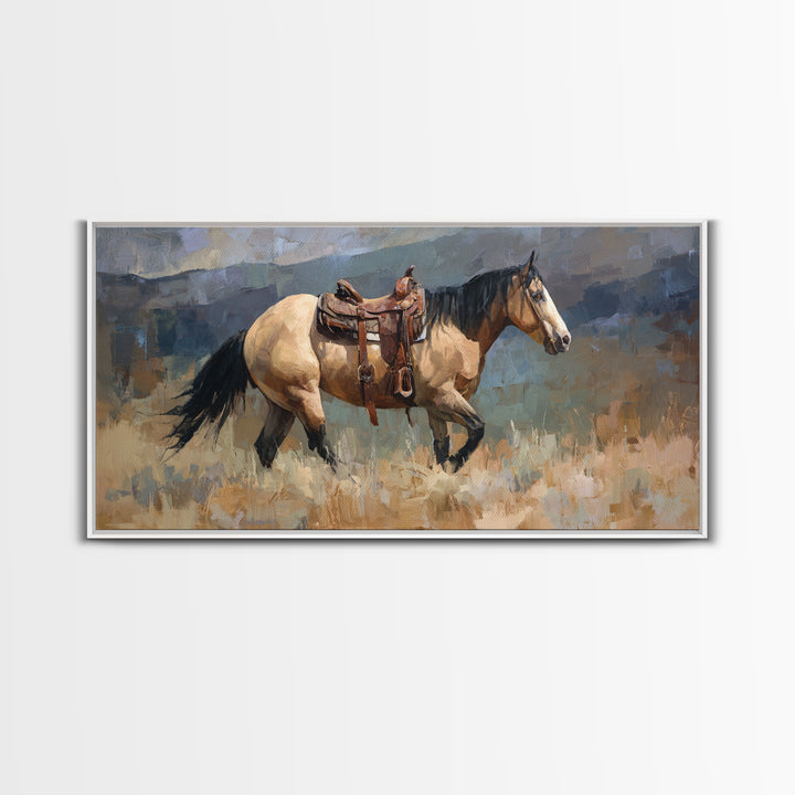 Buckskin Horse in Golden Prairie Light Framed Canvas Print, Western Art, Boho Decor, Southwestern Decor, Oil Painting, Frontier, WES-2x1-27