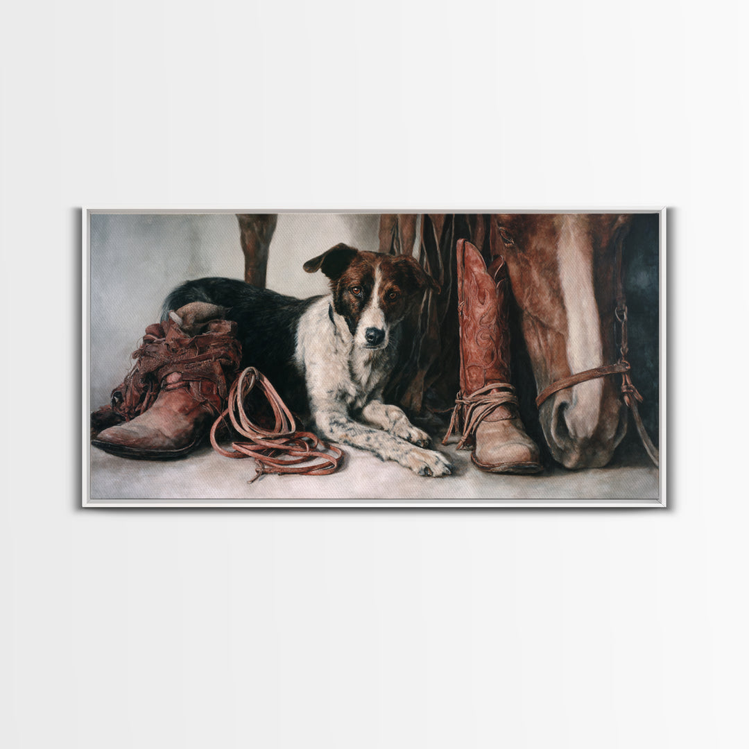Ranch Dog Beside Worn Boots Canvas Print, Western Art, Printable Wall Art, Southwestern Decor, Frontier, Downloadable Art, WES-2x1-41