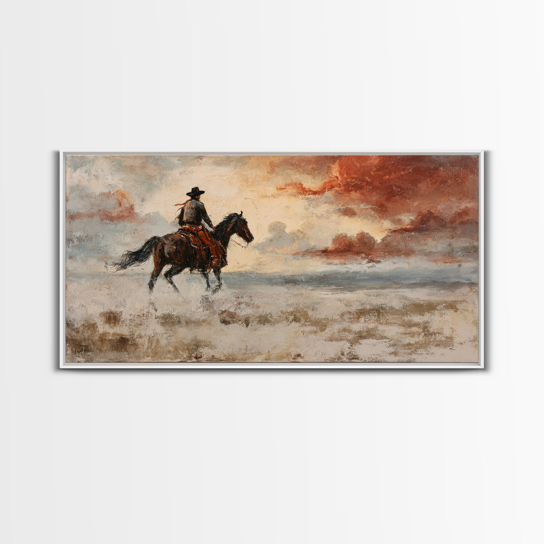 Cowboy Riding Across Dusty Sunset Plains Framed Canvas Print, Western Art, Western Decor, Southwestern Decor, Frontier, WES-2x1-45