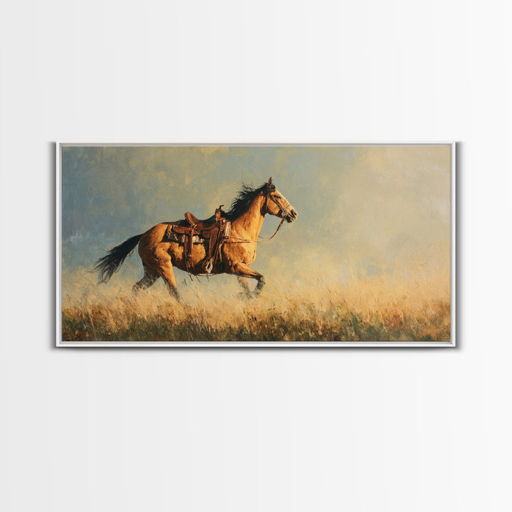 Buckskin Horse in Golden Prairie Light Framed Canvas Print, Western Art, Room Decor, Southwestern Decor, Fine Art, Frontier, WES-2x1-75