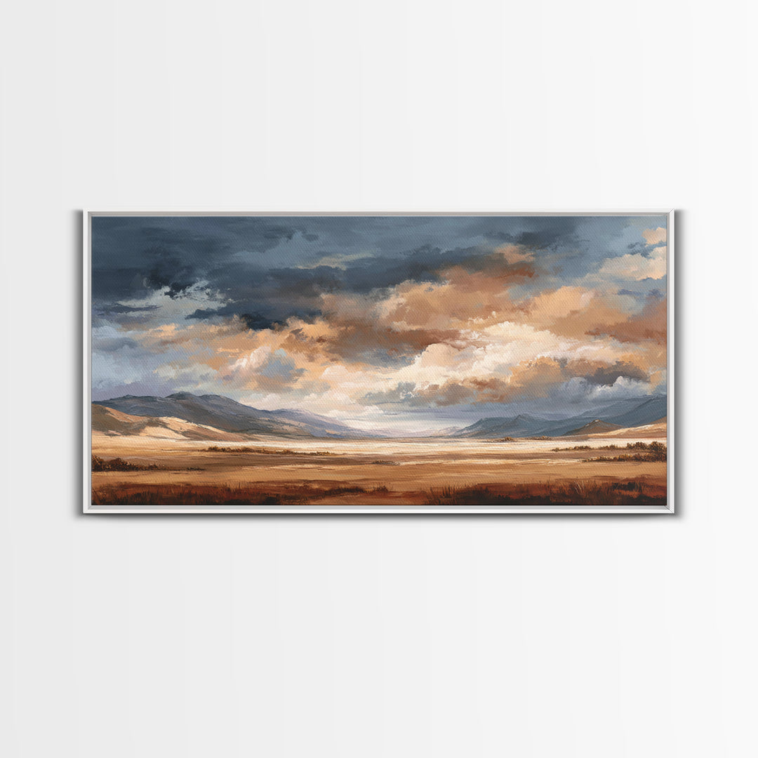 Wagon Wheel and Desert Sunset Framed Canvas Print, Western Art, Minimalist Wall Art, Southwestern Decor, Fine Art, Frontier, WES-2x1-88