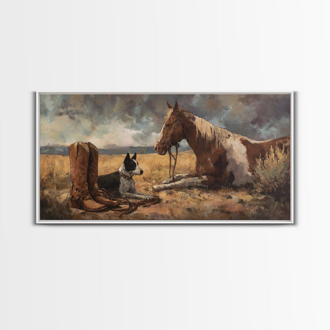 Ranch Dog Beside Worn Boots Canvas Print, Western Art, Cowboy Art, Southwestern Decor, Fine Art, Frontier, Rustic Wall Art, WES-2x1-89
