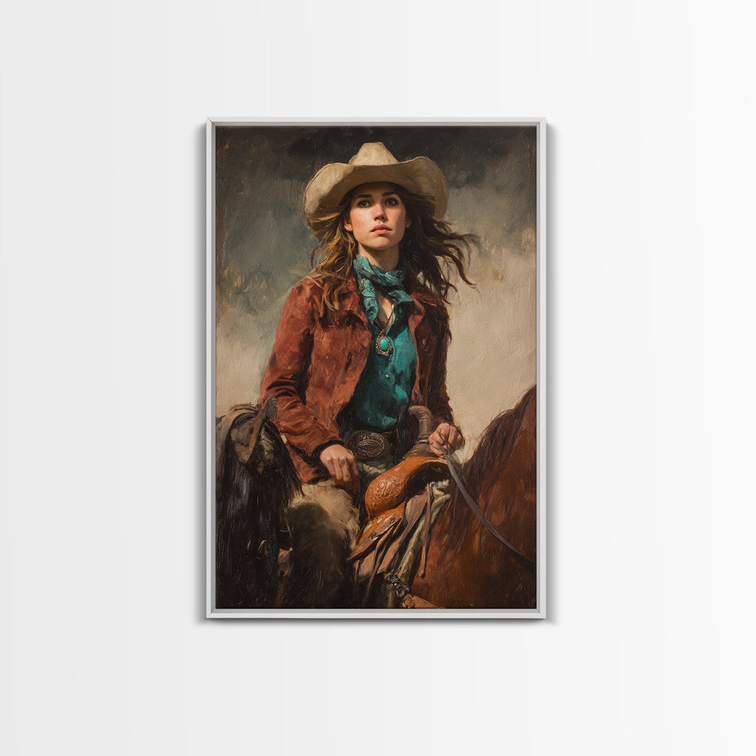 Cowgirl Portrait with Turquoise Jewelry Canvas Print, Western Art, Wall Art, Southwestern Decor, Oil Painting, Frontier, WES-2x3-14