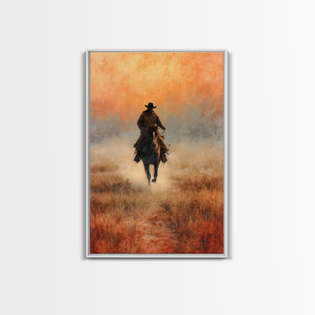 Cowboy Riding Across Dusty Sunset Plains Canvas Print, Western Art, Landscape Painting, Southwestern Decor, Frontier, WES-2x3-33