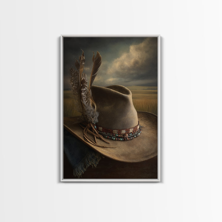 Cowboy Hat with Feathers and Beads Canvas Print, Western Art, Painting, Southwestern Decor, Fine Art, Frontier, Trendy Wall Art, WES-2x3-54