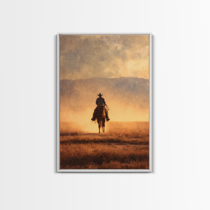 Cowboy Riding Across Dusty Sunset Plains Canvas Print, Western Art, Native American Art, Southwestern Decor, Oil Painting, WES-2x3-57