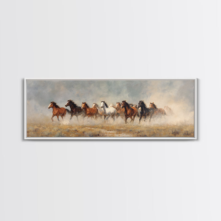Wild Mustang Herd Framed Canvas Print, Western Art, Minimalist Wall Art, Southwestern Decor, Fine Art, Frontier, Horse Art, WES-3x1-18