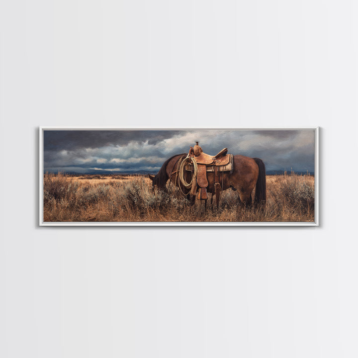 Western Saddle and Rope on Weathered Wood Framed Canvas Print, Western Art, Printable Art, Southwestern Decor, Frontier, WES-3x1-2