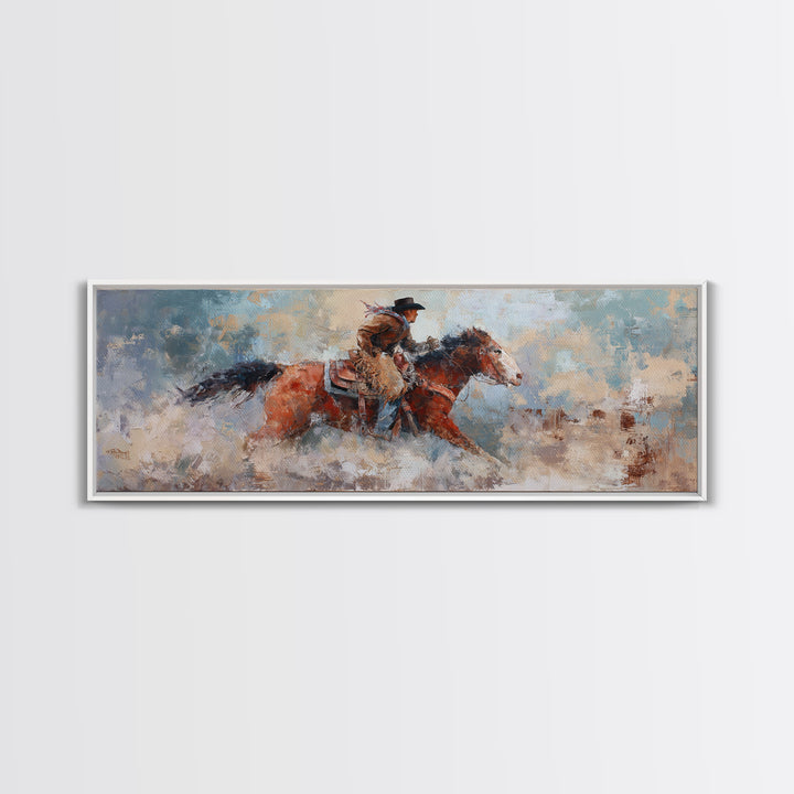 Rodeo Rider Mid Motion Framed Canvas Print, Western Art, Neutral Decor, Southwestern Decor, Fine Art, Frontier, Home Decor, WES-3x1-73