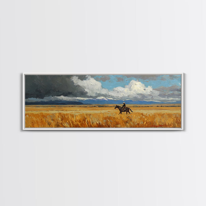 Golden Wheat Field Canvas Print, Western Art, Wall Art, Southwestern Decor, Oil Painting, Frontier, Minimalist Wall Art, WES-3x1-88