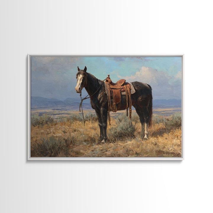 Black Horse Portrait Framed Canvas Print, Western Art, Landscape, Southwestern Decor, Fine Art, Frontier, Modern Decor, WES-3x2-46