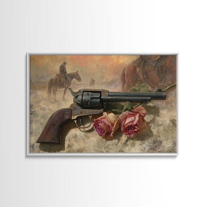 Old Revolver and Roses Framed Canvas Print, Western Art, Oil Painting, Southwestern Decor, Frontier, Digital Download Art, WES-3x2-47