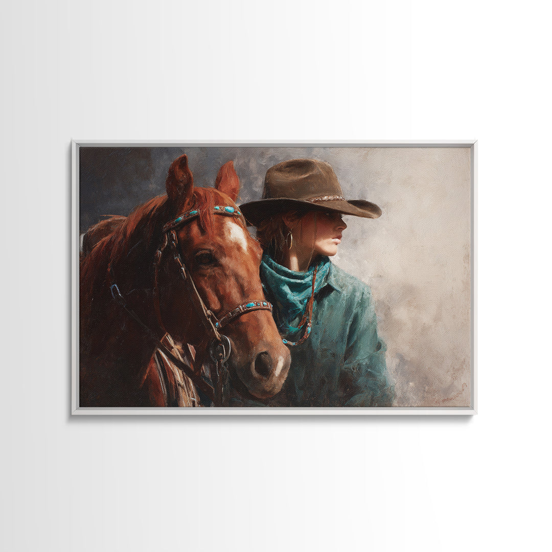 Cowgirl Portrait with Turquoise Jewelry Canvas Print, Western Art, Southwestern Decor, Fine Art, Frontier, Boho Decor, WES-3x2-58