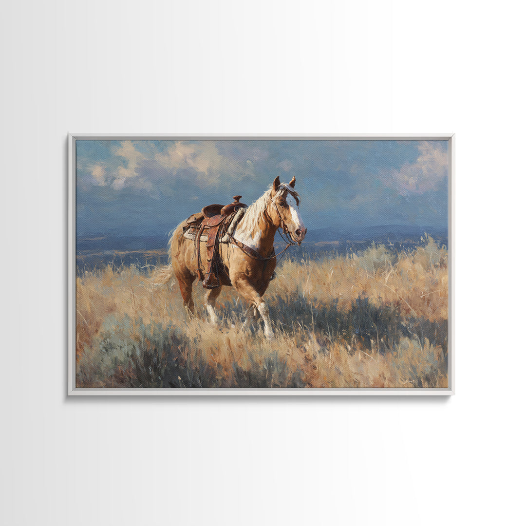 Buckskin Horse in Golden Prairie Light Framed Canvas Print, Western Art, Oil Painting, Southwestern Decor, Frontier, Landscape, WES-3x2-59