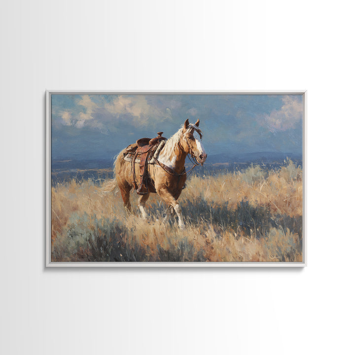 Buckskin Horse in Golden Prairie Light Framed Canvas Print, Western Art, Oil Painting, Southwestern Decor, Frontier, Landscape, WES-3x2-59